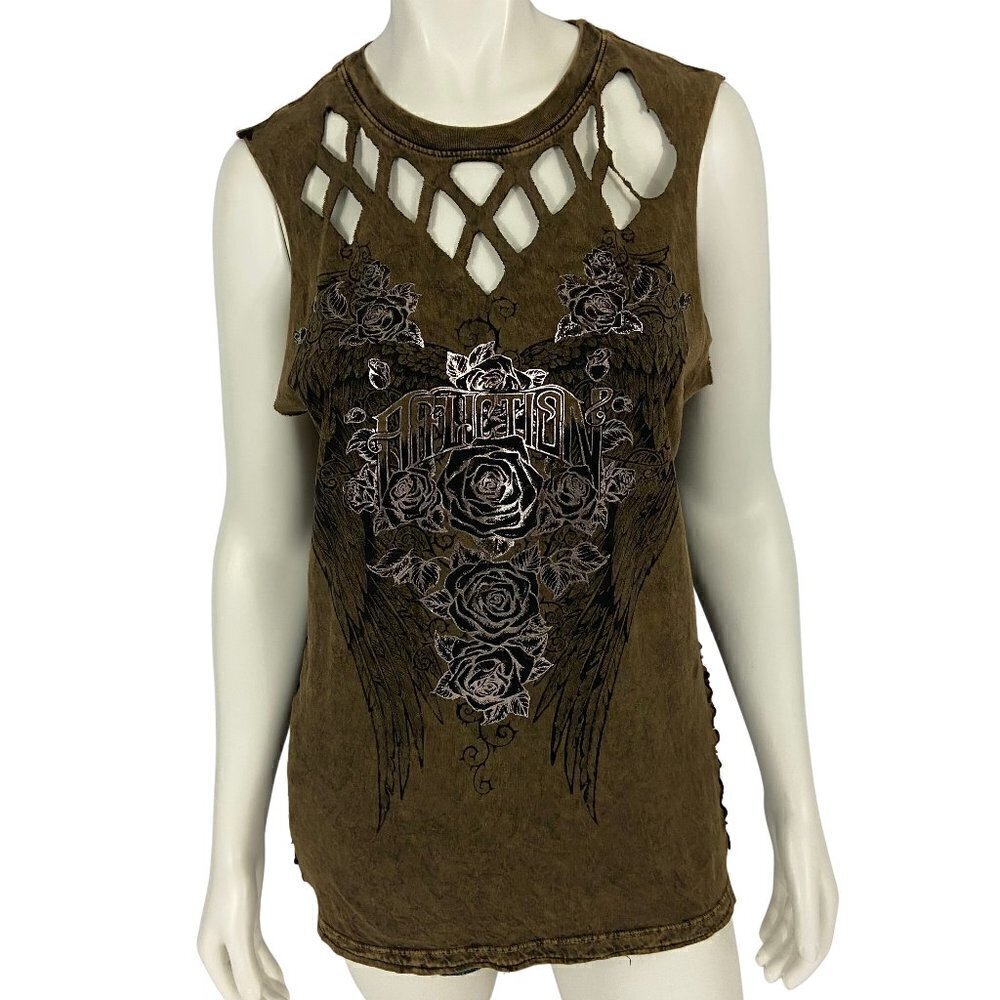 Affliction Women's Sleeveless Tank Top Wings & Roses Size L Distressed NWOT